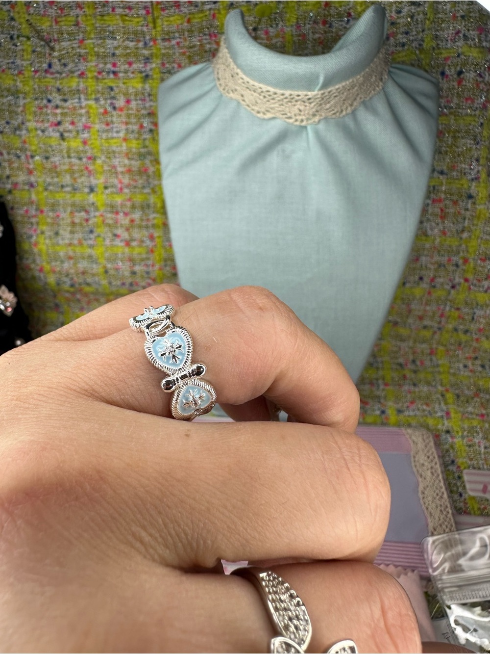 A great Silver Ring with Light Blue Enamel Hearts open size 5 to 13